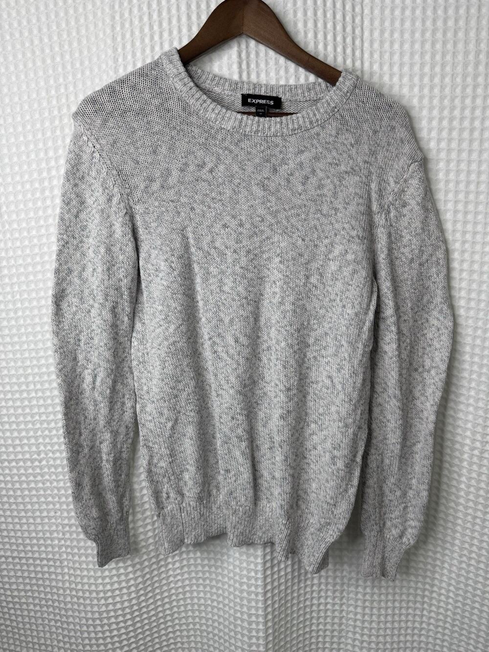 Express Mens Medium Gray White Marled Knit Crew Neck Pullover Sweater